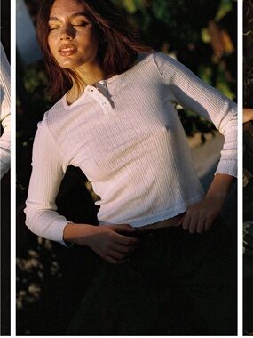 LA Relaxed Classic Ribbed Henley Long-Sleeve Top — White (nwt)